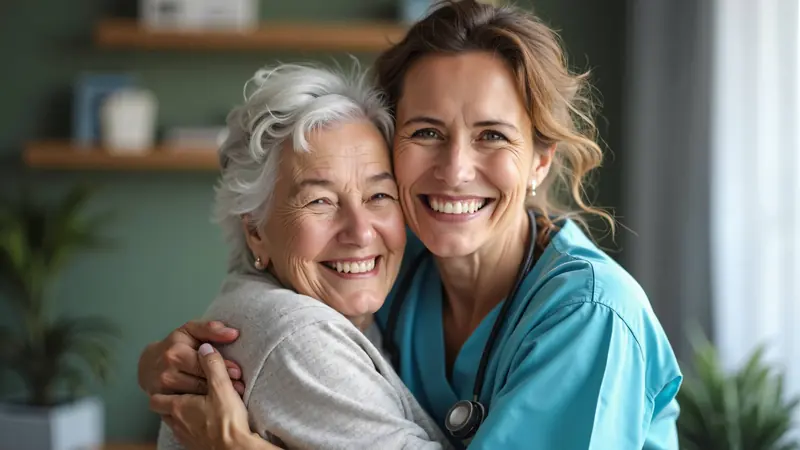 A caregiver embracing a smiling older woman